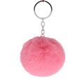 Pink faux rabbit fur pom pom keychain with silver metal ring for bags and car keys - Deep Pink