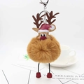 Detailed view of reindeer plush pom pom keychain with red hat and silver clip - Coffee