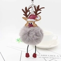 Detailed view of reindeer pompom keychain with reindeer antlers and a red Christmas hat - Light Gray