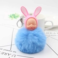 Detail of creative bunny doll keychain with blue faux fur pompom and metal clip - Blue