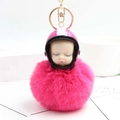 Cute sleeping doll keychain with pink helmet and fluffy plush fur ball gold clasp - Rose Red