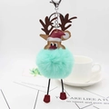 Detail of mint green plush fur Santa reindeer keychain with festive leather hat and silver clip - Mint Green