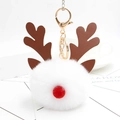 Cute white plush reindeer pom-pom keychain with brown antlers and golden lobster clasp hardware - White
