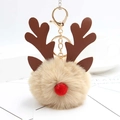 Christmas reindeer faux fur pompom keychain with gold metal clasp and soft beige plush ball - Khaki