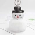 Detail of plush snowman keychain with silver ring, faux fur ball and embroidery - White