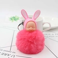 Cute pink sleeping baby plush bunny doll keychain with faux fur ball and metal clasp - Watermelon red