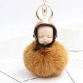 Adorable plush baby doll keychain with brown helmet and fluffy fur ball accessory - Coffee