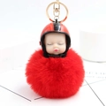 Cute baby doll keychain with red motorcycle helmet and fluffy red plush pompom charm - Red