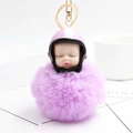 Cute baby doll keychain with pink motorcycle helmet and purple faux fur pom pom ball - Light Purple