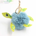 Blue plush turtle keychain with green leather limbs and golden metal lobster clasp - Pom Pom Diameter 8cm / Lake Blue