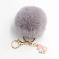 Detail of purple faux fur keychain with pink cat pendant and gold lobster clasp - Pom Pom Diameter 8cm / Light Gray