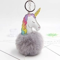 Dettaglio portachiavi a forma di unicorno con pompon in ecopelliccia e criniera arcobaleno - Grigio chiaro