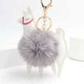 White alpaca faux leather keychain with gray fluffy fur ball and gold lobster clasp - Light Gray