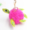 Detail of plush turtle keychain with pink pom-pom shell and green spotted PU leather limbs - Pom Pom Diameter 8cm / Rose Red