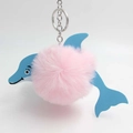 Cute dolphin leather keychain with soft pink faux fur pompom and silver metal ring - Light Pink