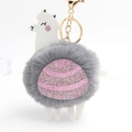 Detail of alpaca plush keychain with grey faux fur and pink glitter stripe decoration - Medium Grey