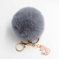 Close-up of a grey plush pompom keychain with a pink kitten charm and pearl detail - Pom Pom Diameter 8cm / Medium Grey