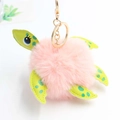 Cute pink plush turtle keychain with green polka dot PU leather limbs and golden metal clasp - Pom Pom Diameter 8cm / Pink