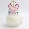 Detailed close-up of a pink fox plush keychain with a soft white fluffy pom-pom charm - Off White