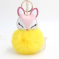 Cute sleeping fox keychain with yellow plush pom-pom and gold metal ring for bags - Yellow