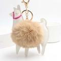 Alpaca keychain with white faux leather body and fluffy brown pompom on gold hardware - Khaki