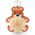 Teddybär Schlüsselanhänger aus braunem Kunstleder mit Plüschkugel und goldenem Haken - Pompon Durchmesser 8cm / Khaki