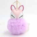 Cute sleeping fox plush keychain with purple faux fur pompom and golden keyring loop - Light Purple