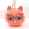 Porte-clés chouette en peluche rose avec fourrure douce et détails brillants dorés - Rouge Orangé
