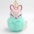 Sleeping fox plush keychain with faux fur ball and gold metal ring for bags - Light Green