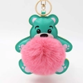 Minzgrüner Bär Schlüsselanhänger mit rosa Pompon-Fellball und goldener Metallring - Pompon Durchmesser 8cm / Dunkelrosa