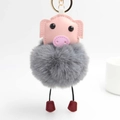 Porte-clés cochon mignon avec pompon en fausse fourrure grise et détails en cuir rose - 14x8 cm / Gris Moyen