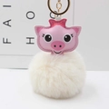 Detail of pink faux leather pig head keychain with soft white plush pompom and gold ring - Pom Pom Diameter 8cm / Off-white