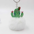 Detail of creative cactus keychain with white plush pompom and tribal feather accessory - White