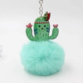 Mint green plush cactus keychain with acrylic pendant and fluffy faux fur ball - Light Green