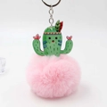 Cute cactus acrylic pendant with soft pink faux fur pompom for handbag or car keys - Light Pink