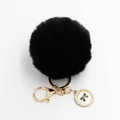 Detail of black plush pompom keychain with golden lobster clasp and pearl bow charm - Pom Pom Diameter 8cm / Black