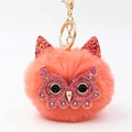 Cute coral orange owl faux fur ball keychain with gold clasp and pink glitter details - Orange Red