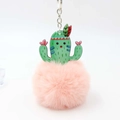 Detail of a fluffy pink faux fur pompom and green acrylic cactus keychain with silver ring - Pink