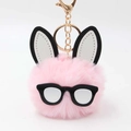 Cute pink plush bunny ball keychain with black glasses and gold ring for handbag decor - Light Pink
