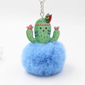Cartoon cactus acrylic keychain with fluffy sky blue plush ball and silver metal clasp - Blue