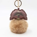 Cute puppy fur ball keychain with brown leather patchwork and golden metal clip - Pom Pom Diameter 8cm / Khaki