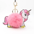 Creative unicorn keychain with pink fluffy pom pom and golden metal clasp for bags - Deep Pink