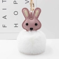 Süßer Hase Plüsch Schlüsselanhänger mit rosa Kunstlederkopf und weißem flauschigem Fellbommel - Pompon Durchmesser 8cm / Weiß