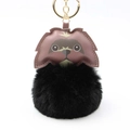 Cute puppy plush keychain with black faux fur pompom and leather detail on white background - Pom Pom Diameter 8cm / Black
