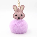 Hasen-Schlüsselanhänger aus Leder und lila Plüsch-Pompon mit goldener Metallkette - Pompon Durchmesser 8cm / Violett