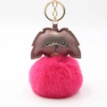 Close-up of fluffy magenta faux fur pom-pom with brown leather puppy charm and gold keychain - Pom Pom Diameter 8cm / Rose Red