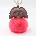 Detail of a brown leather dog pendant with stitching and a large fluffy pink pompom - Pom Pom Diameter 8cm / Watermelon red