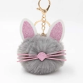 Cute fluffy rabbit fur keychain with pink glitter ears and gold metal clasp on white background - Light Gray