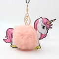 Detailed close-up of a pink plush unicorn keychain with gold hardware and PU leather - Pink