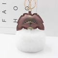 Cute puppy plush keychain with brown leather dog head and large white fluffy pompom charm - Pom Pom Diameter 8cm / White